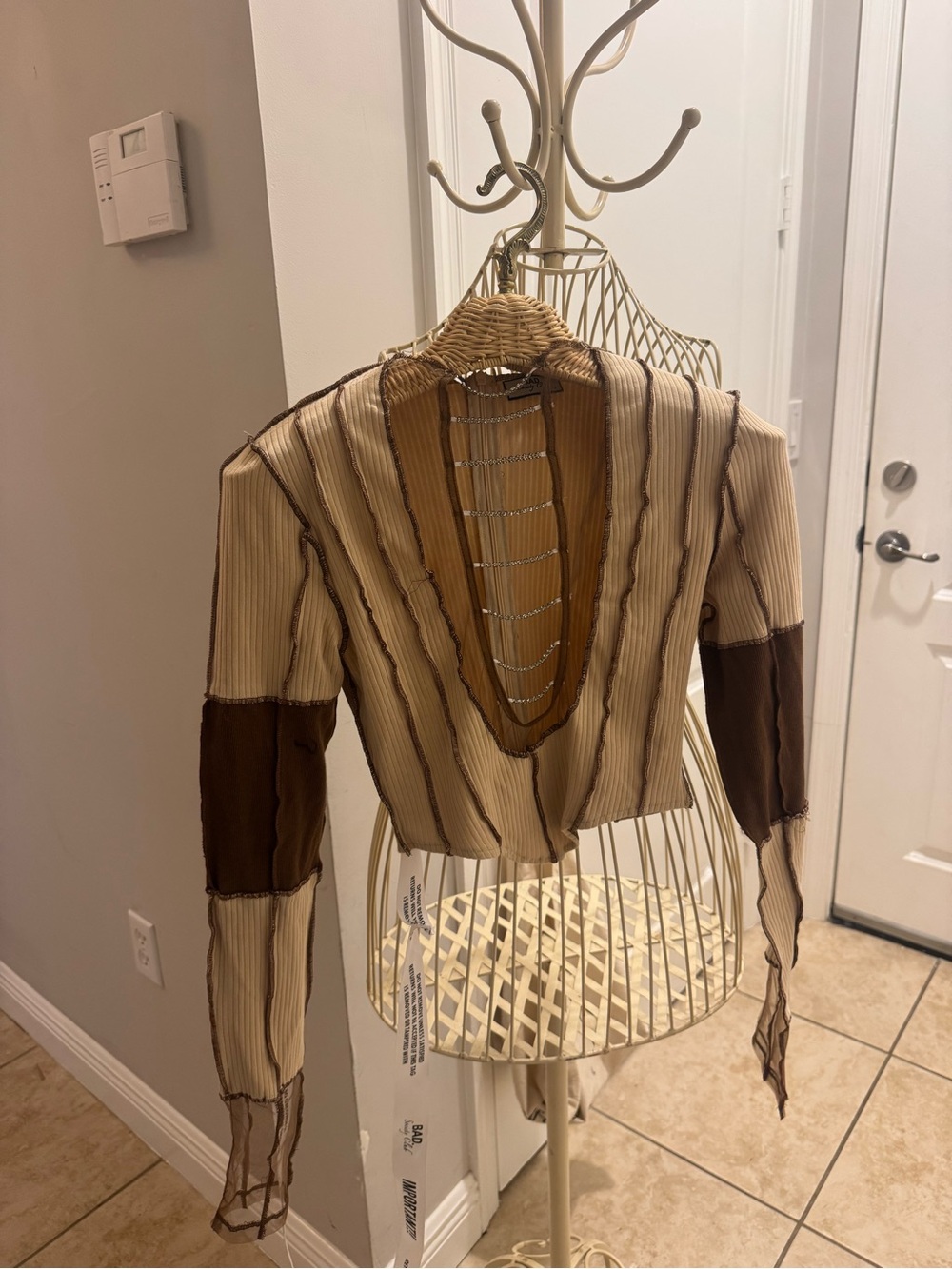 Society Bejeweled Ribbed Crop Top in Cream and Brown
